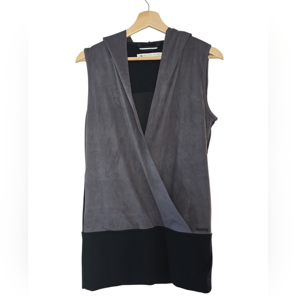 BLANC NOIR Black Gray Hooded Faux Wrap Vest XS Like-New